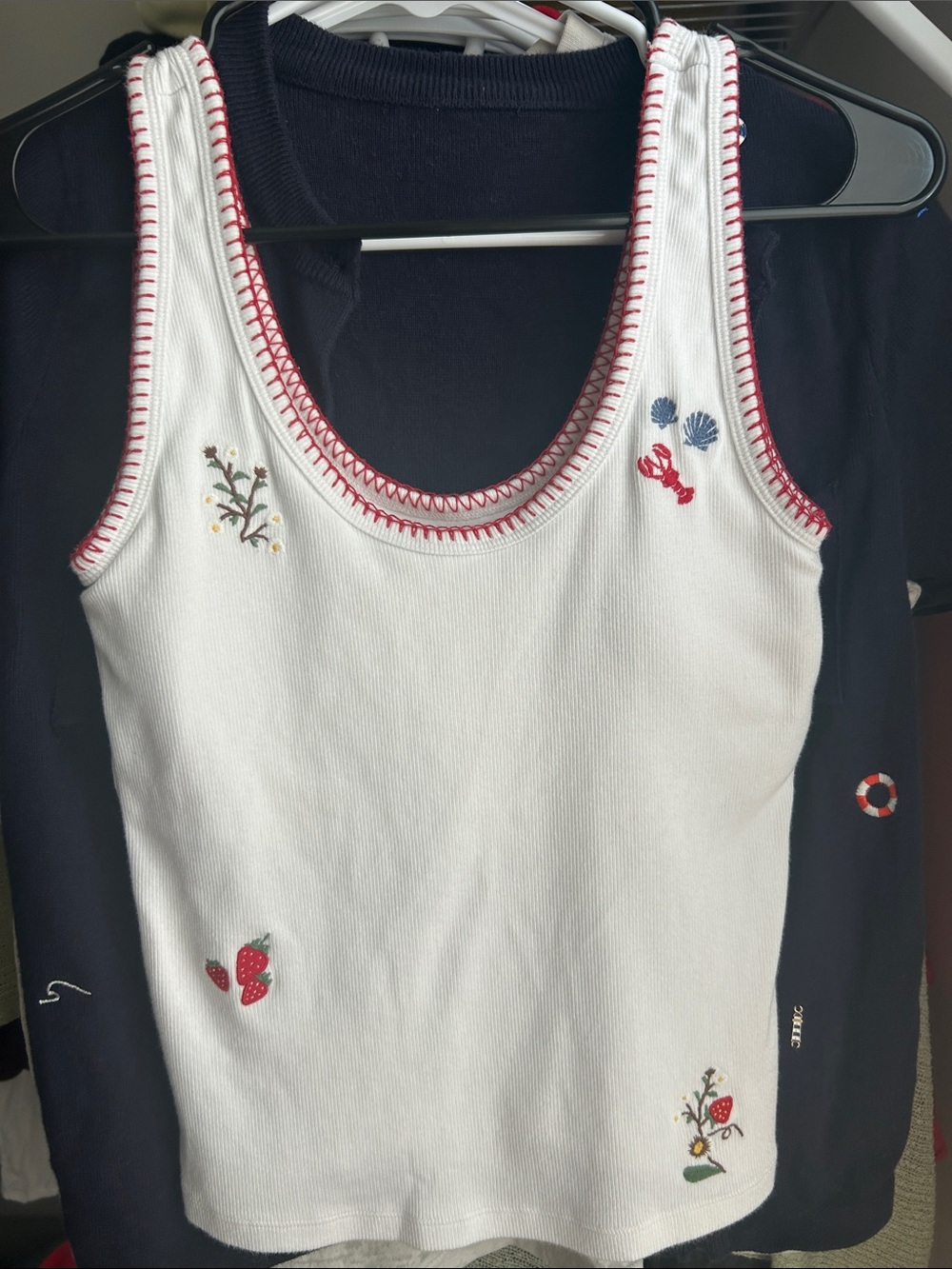 White Embroidered Tank Top with Red Trim